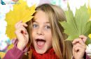 Pretty little girl holding autumn leaves and looking at the camera.