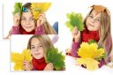 Photo collage of a pretty girl holding autumn leaves on white background
