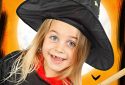 witch with broomstick on orange Halloween party theme