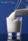 carafe of milk pouring into a glass to the brim and isolated on blue background