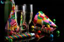 glass of champagne, confetti, hats and party accessories for the New Year